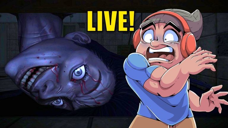 Scared cartoon character with creepy face behind, live broadcast.