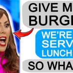 Woman exclaims demand for burger, lunch unavailable humor.