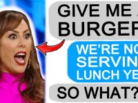 Woman exclaims demand for burger, lunch unavailable humor.