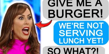 Woman exclaims demand for burger, lunch unavailable humor.