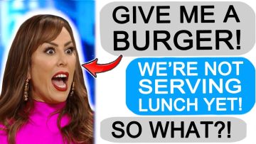 Woman exclaims demand for burger, lunch unavailable humor.