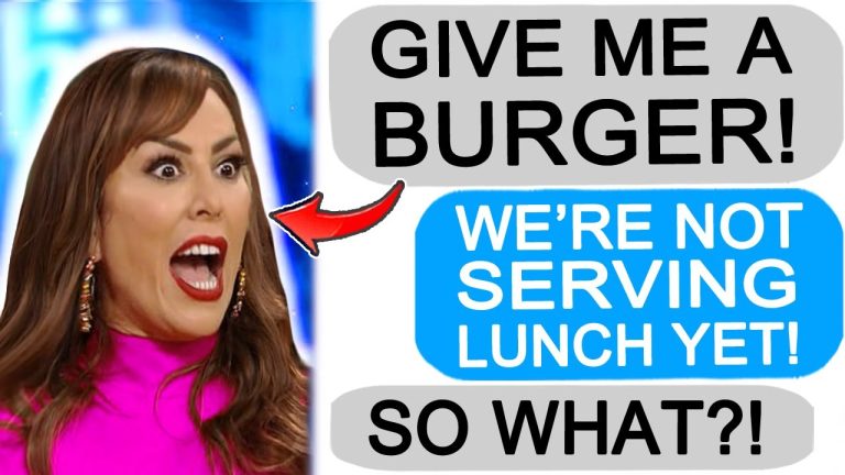 Woman exclaims demand for burger, lunch unavailable humor.