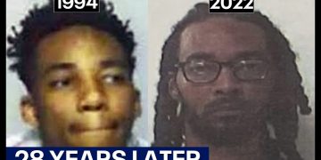 Side-by-side photos from 1994 and 2022, 28 years later.