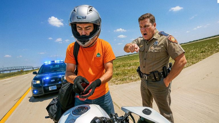 Police officer stops motorcyclist on highway.