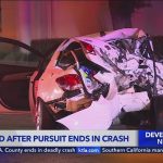 Crashed car after police pursuit in Los Angeles.