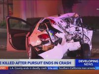 Crashed car after police pursuit in Los Angeles.