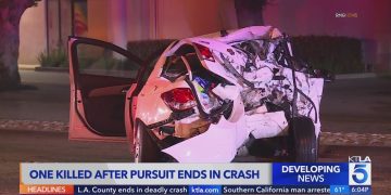 Crashed car after police pursuit in Los Angeles.