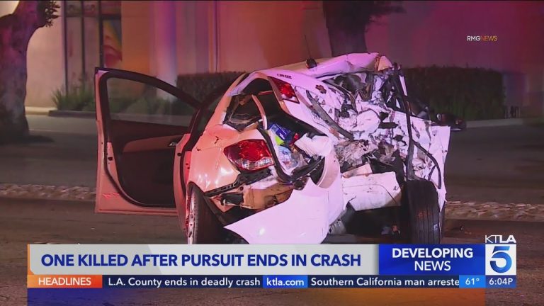 Crashed car after police pursuit in Los Angeles.
