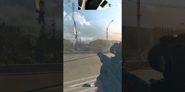 Gamer playing FPS, sniper rifle aiming on road.