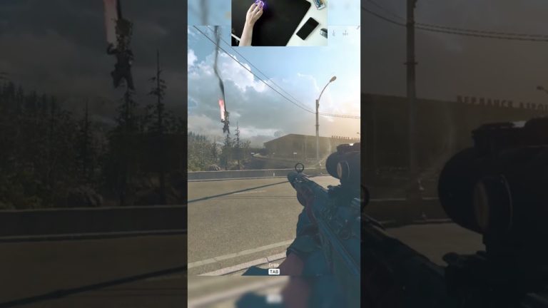 Gamer playing FPS, sniper rifle aiming on road.