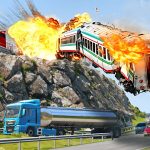 Train derailment explosion near highway with vehicles.