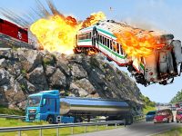 Train derailment explosion near highway with vehicles.