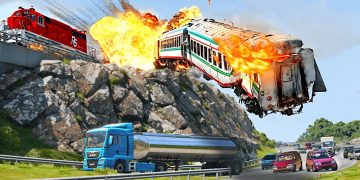 Train derailment explosion near highway with vehicles.