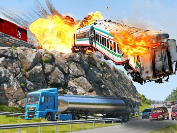Train derailment explosion near highway with vehicles.