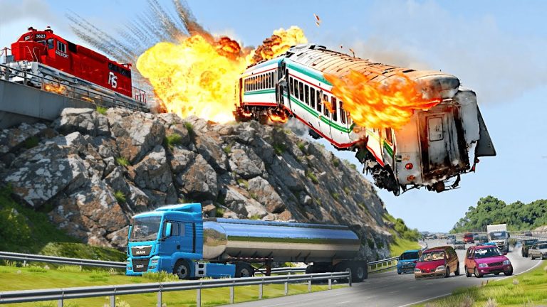 Train derailment explosion near highway with vehicles.