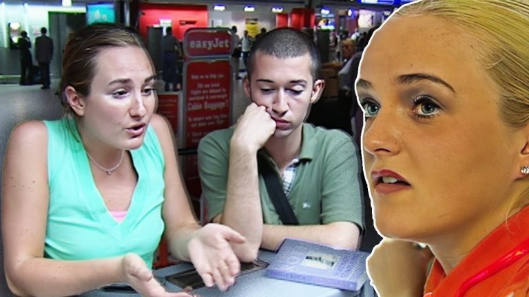 Three people talking at airport terminal desk