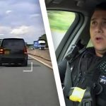 Police chase on highway with officer in car.