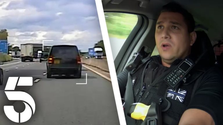 Police chase on highway with officer in car.