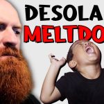 Angry man and laughing child with meltdown text.