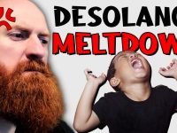 Angry man and laughing child with meltdown text.