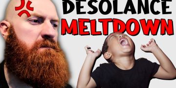Angry man and laughing child with meltdown text.