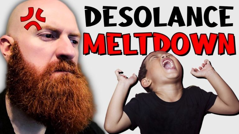 Angry man and laughing child with meltdown text.