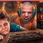 Angry gamer yells at crying child after defeat screen.