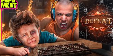 Angry gamer yells at crying child after defeat screen.