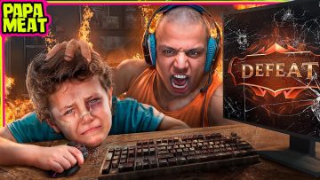 Angry gamer yells at crying child after defeat screen.