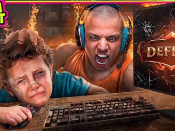 Angry gamer yells at crying child after defeat screen.