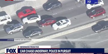 Aerial view of car chase on highway, Ontario, CA.