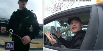 Police officer interacting with person in car.