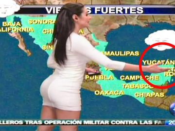 Weather presenter pointing at Yucatán on map