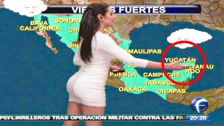 Weather presenter pointing at Yucatán on map
