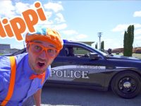 Colorful character excited near police car