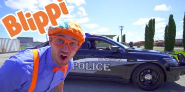 Colorful character excited near police car