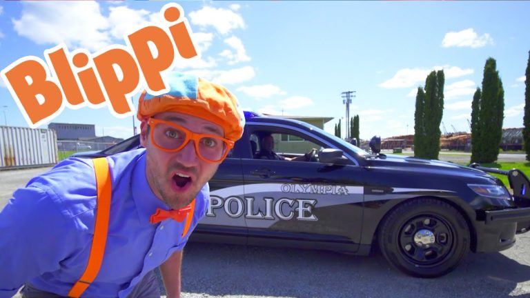 Colorful character excited near police car