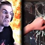 Angry gamer smashes screen with fist explosion background.