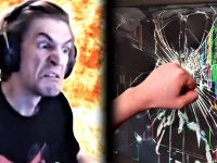 Angry gamer smashes screen with fist explosion background.