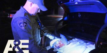 Police officer inspecting car trunk at night.