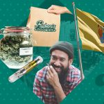 Cannabis products and man smiling with NJ flag.