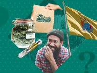 Cannabis products and man smiling with NJ flag.