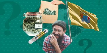 Cannabis products and man smiling with NJ flag.