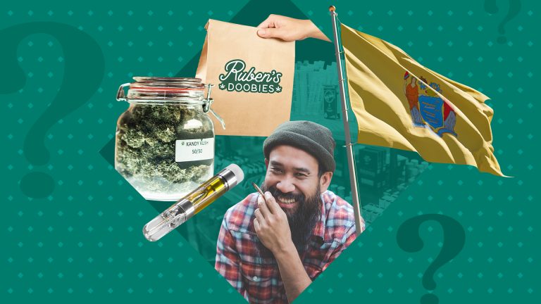 Cannabis products and man smiling with NJ flag.