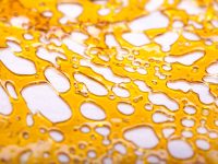 Golden cannabis shatter close-up, translucent texture.