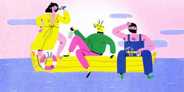 Three people enjoying drinks on a boat.