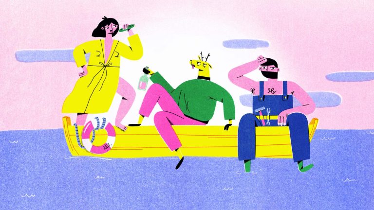 Three people enjoying drinks on a boat.