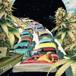 Retro cars drive through space-themed road.
