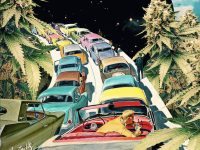 Retro cars drive through space-themed road.