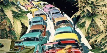 Retro cars drive through space-themed road.